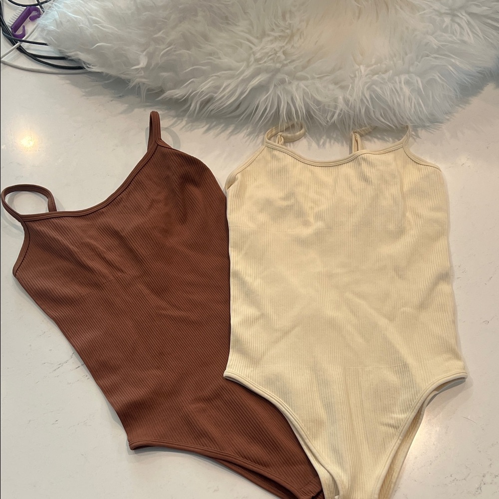 Like New Set of 2 Spaghetti Strap Bodysuits Brown and Cream Small